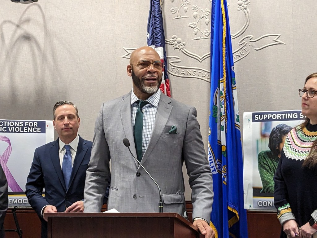 Sen. Doug McCrory, D-Hartford, speaks at a press conference in the Legislative Office Building